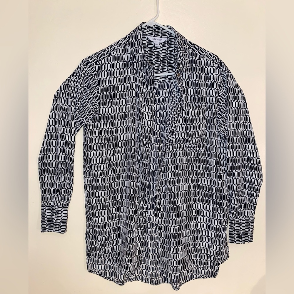 Nine West Print Button Up Shirt Black and White Womens Size S